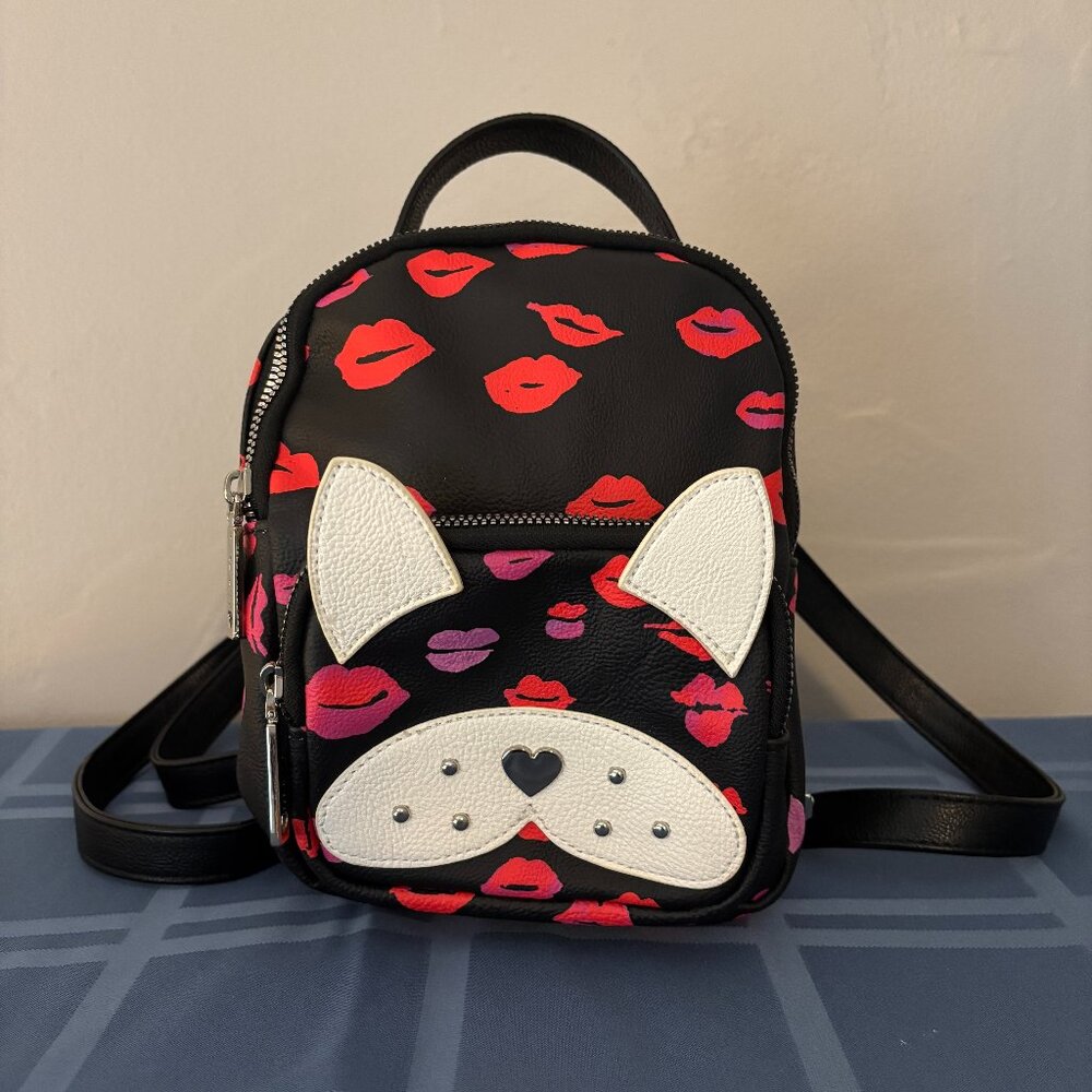 Betsey Johnson French Bulldog Lips & Kisses Black Mini Backpack